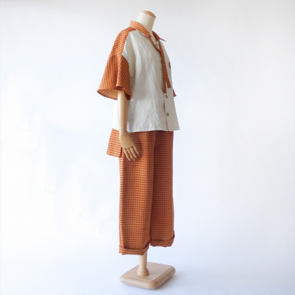 リネン×フレア袖と付け衿のトップス/アンクルツータックボトムス/長羽織 正絹新反物から作った3ピース