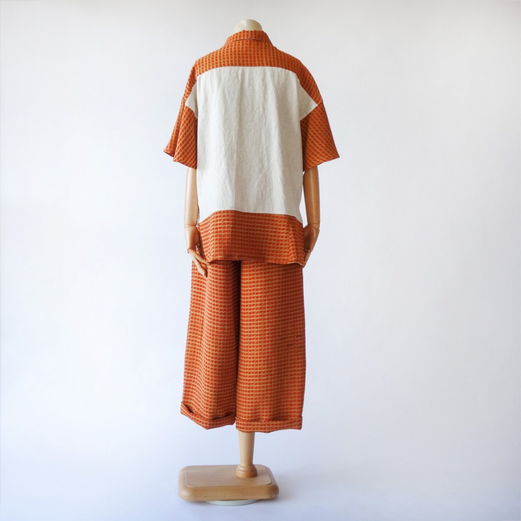 リネン×フレア袖と付け衿のトップス/アンクルツータックボトムス/長羽織 正絹新反物から作った3ピース