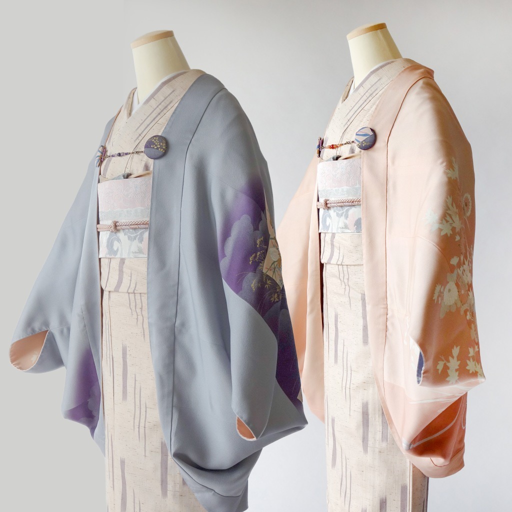 薄桃色の色留袖と青鼠・江戸紫の訪問着で作ったリバーシブルモモンガ着物羽織