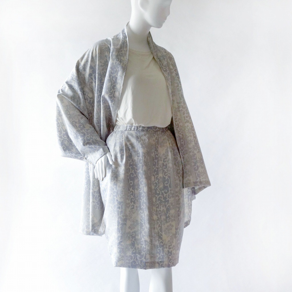 大島紬の単衣ジャケットと裏付きスカートセットアップ