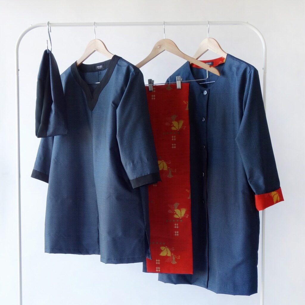 男性物大島紬&赤地のウール反物使用の単衣コート・ブラウス・スヌード&ストールセット