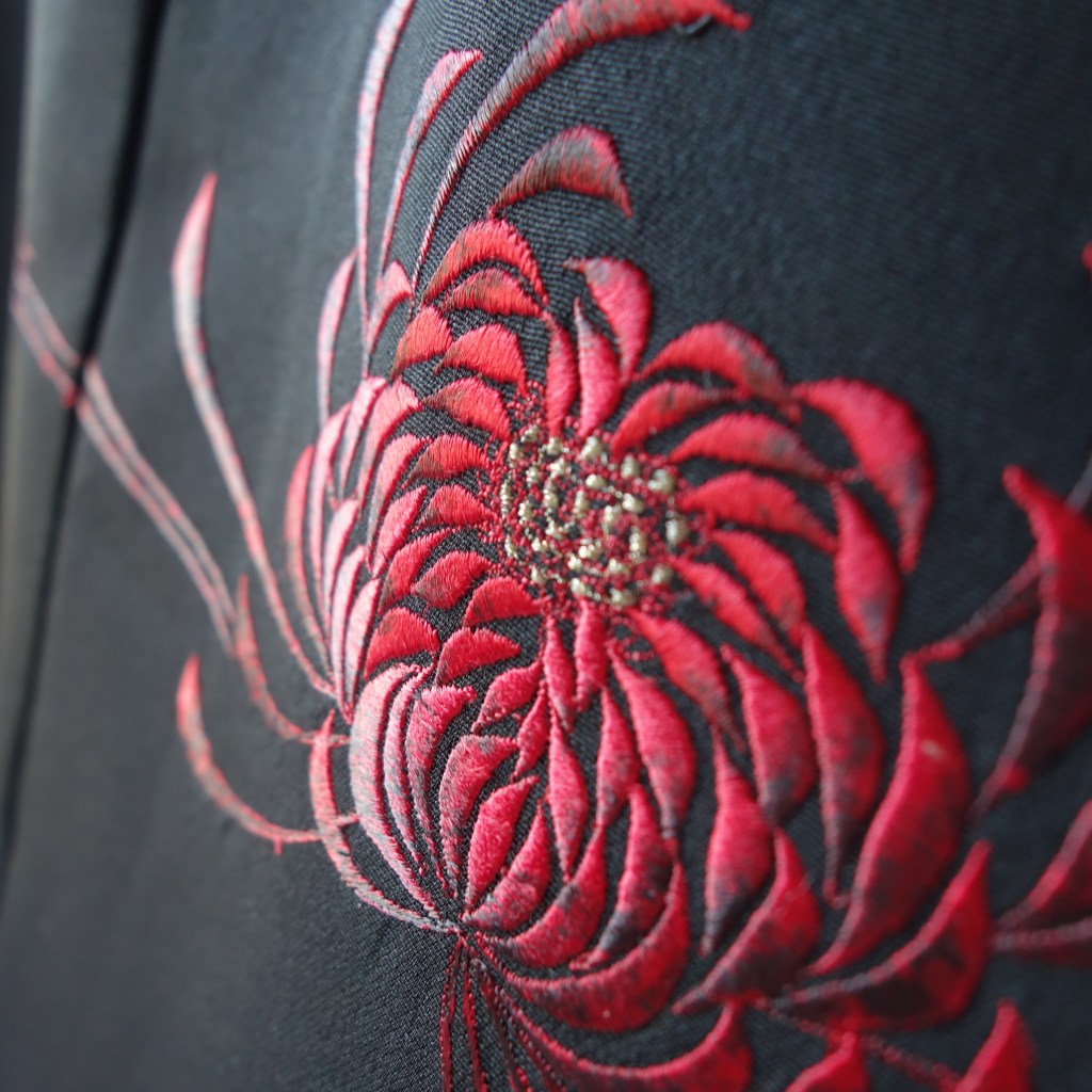 赤い花の未着用絵羽織からのモモンガ着物羽織